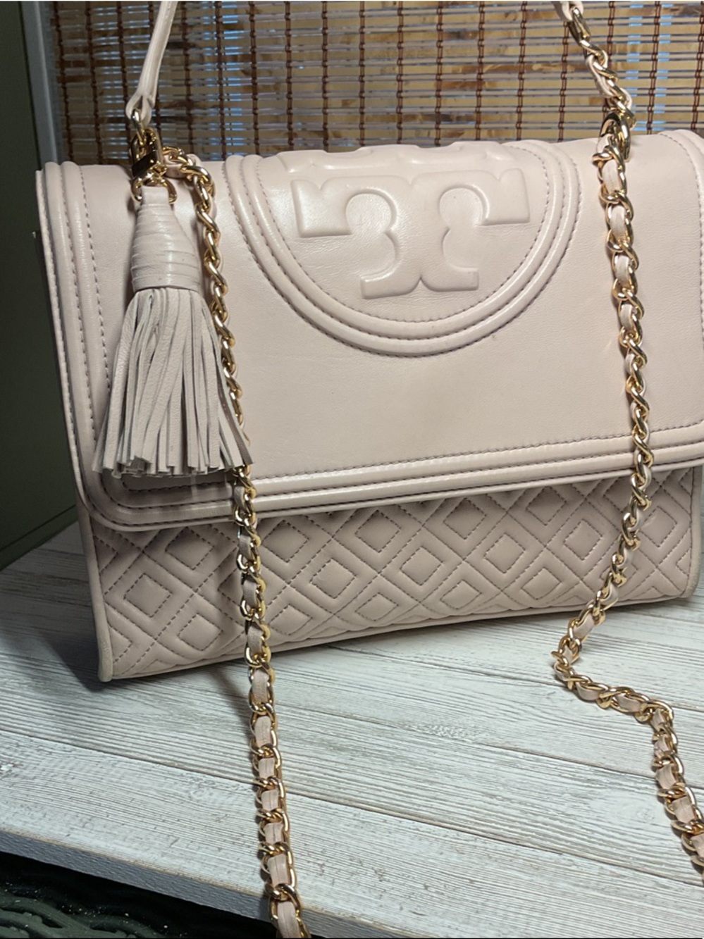 Tory Burch Fleming Convertible Shoulder Bag Shell Pink Gold Strap Crossbody